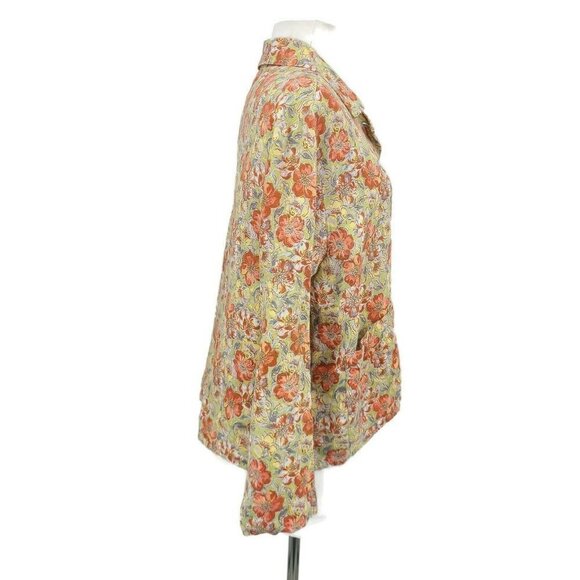 Flax Floral Linen Blouse Womens Small Yellow Rust Boxy Button Front - Picture 2 of 6